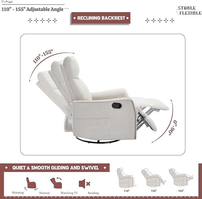 Rocking Recliner Chair with Heat and Massage 360° Swivel Glider Rocker with Reclining Backrest and Footrest Modern Nursery Rocking Chairs for Adults for Bedroom Living Room Office (Beige)