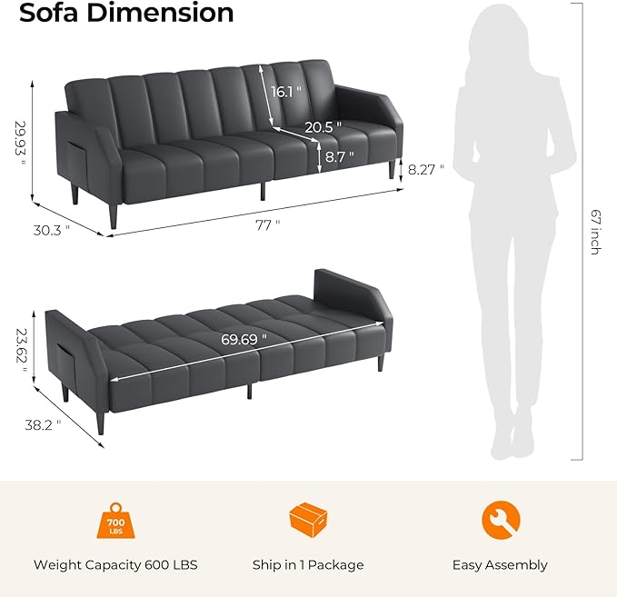 Fadware Faux Leather Couch Convertible Futon Sofa Bed with Adjustable Backrest Mid Century Leather Sofa Loveseat with Side Pockets&amp Metal Leg Modern Leather Sleeper Sofa for Living Room Bedroom