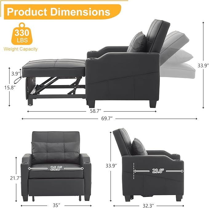 Karl home Sleeper Chair Convertible Sofa Bed with USB/Type C Ports 3-in-1 Pull Out Sofa Bed Adjustable Reading Chair with Cup Holders PU Leather Black