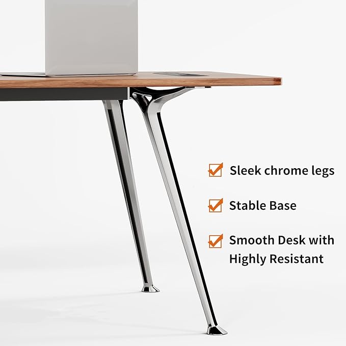 71-Inch Executive Desk Computer Office Desk Workstation with Chrome-Plated Legs and Built-in Power Outlet Writing Table Business Furniture Modern Minimalist Style for Home Office Walnut