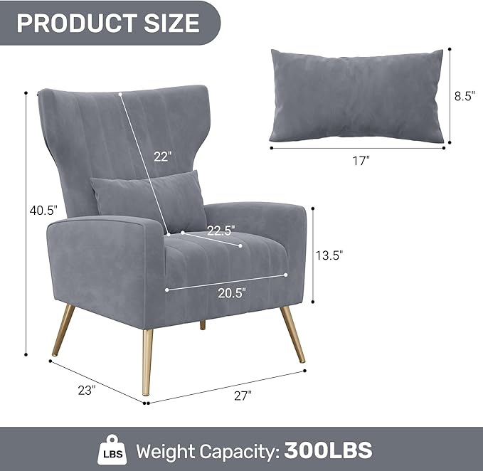 Nalupatio Velvet Fabric Upholstered Reading Comfy Mid Century Modern Armchair with Metal Legs and Spring Support Accent Chair for Living RoomGrey