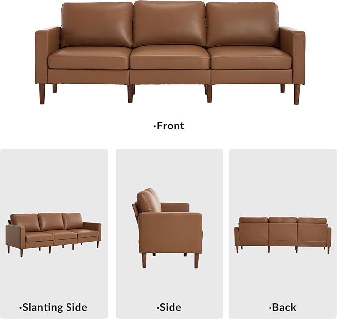 Kingfun 91.7 Faux Leather Sofa 3 Seater Couch Mid Century Modern Couches with Solid Wood Legs for Living Room &amp Bedroom Coffee