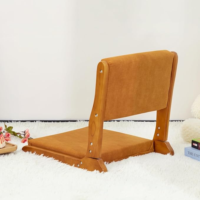 HollyHOME Foldable Japanese Style Floor Chair with Back Support Tatami Chair with Cushion Meditation Seat for Bay Window Living Room Bedroom Pumpkin Color