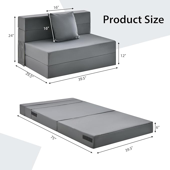 Giantex 6 Inch Folding Sofa Bed Couch with Pillow Tri-fold Mattress with High-Density Foam Foldable Floor Couch with Headrest Portable Guest Bed with Zippered &amp Washable Cover Dark Grey