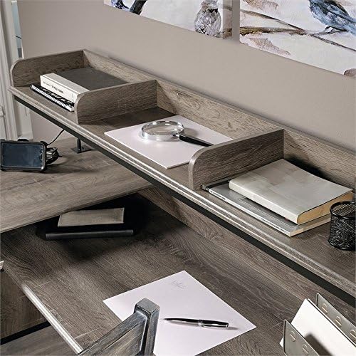 Pemberly Row L-Shape Wood and Metal Computer Desk Northern Oak Finish 60.75 in Wide Built-in USB Ports Cord Management Pencil Drawer Elevated Shelving Industrial Style Home Office Desk