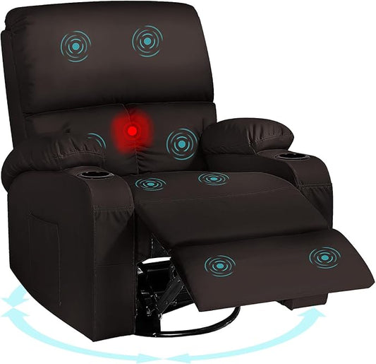 Rocking Recliner Chair Massage Rocker Recliner Chair with Vibration Massage and Heat360° Swivel Recliner Chairs Living Room Bedroom Nursery RV Brown