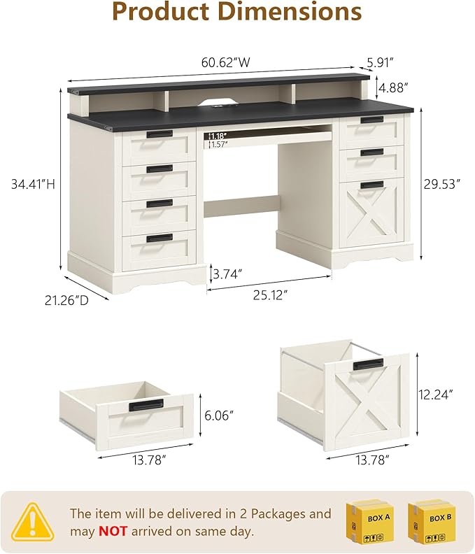 60 Farmhouse Executive Desk with 8 Drawers Wood Computer Desk with Keyboard Tray and Charging Station Home Office Desk Writing with File Drawer Fits A4 Size for Work and Study White and Black