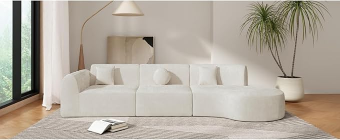 140 Modern Curved Sectional Sofa with High-Density Fully Compressed Sponge and Chaise Lounge 3-Piece Set Fully Assembled Right Hand Facing Perfect for Living Room Lounge (Beige)