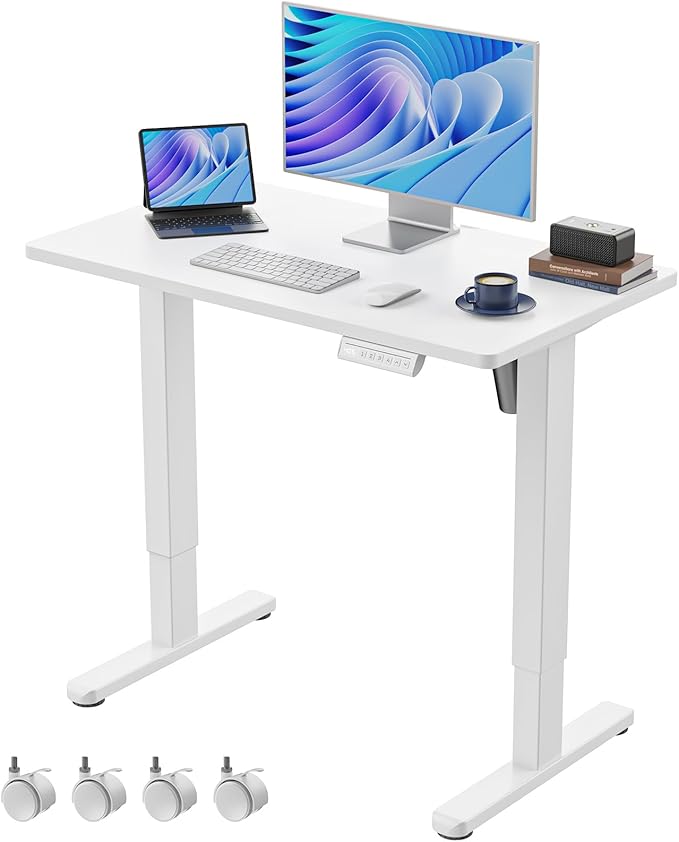 HUANUO Electric Small Standing Desk 35 x 20 Whole Piece Desktop Adjustable Height Computer Desk 4 Height Memory Settings Sit Stand Up Desk for Home Office White