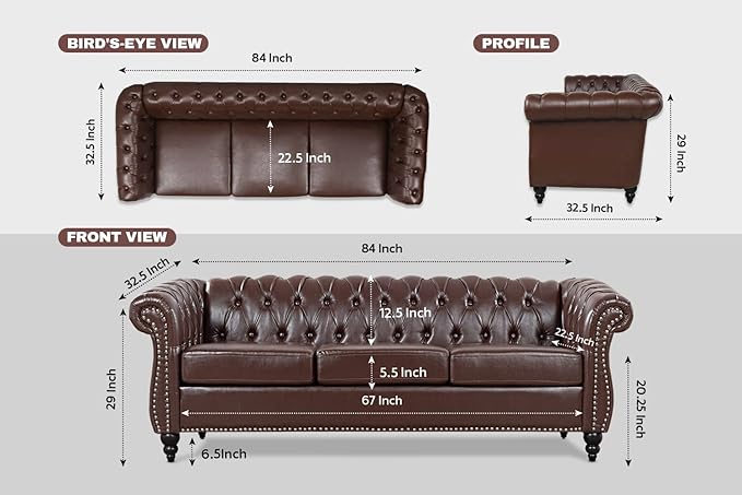 Brown Faux Leather Couch for Living Room Comfy Deep-Seated Chesterfield 3-Seater Sofa for Bedroom Office or Apartment. Luxury Classic Sofa Furniture Tool-Free Assembly.