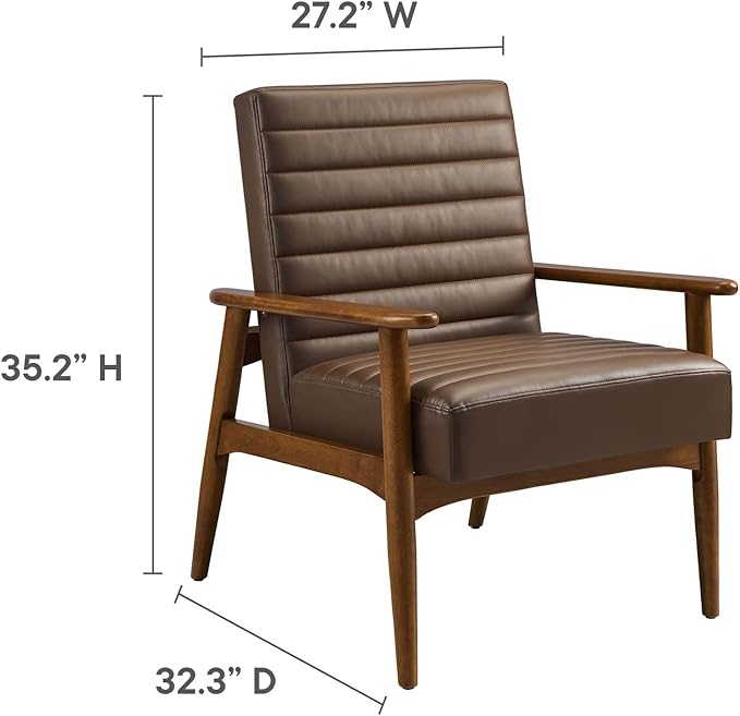 Modway Jensen Vegan Leather Accent Chair in Walnut Brown - Mid-Century Modern Armchair with Solid Wood Legs &amp Armrest - Upholstered Faux Leather Single Side Chair - Reading Chair for Living Room