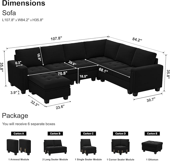 Belffin Modular Sectional Sofa Couch 7-Seater Convertible Sectional Sofa Velvet Modular Sectional with Storage Ottoman L Shaped Couch with Chaises Black
