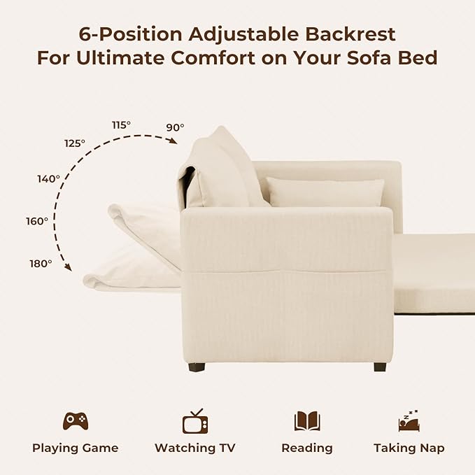 Furnimart 62 Queen Sleeper Sofa 3 in 1 Convertible Loveseat Sleeper Pull Out Sofa Bed with 6-Position Adjustable Backrest Modern Futon Couch for Living Room Apartment RV Linen Beige