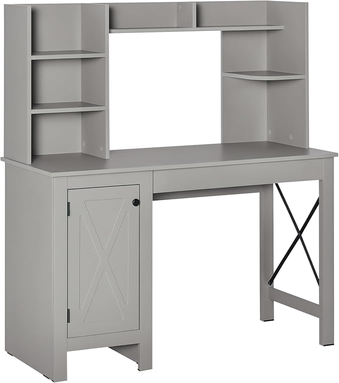 HOMCOM Farmhouse Computer Desk with Hutch and Cabinet Home Office Desk with Storage for Study Light Grey