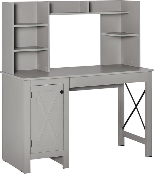 HOMCOM Farmhouse Computer Desk with Hutch and Cabinet Home Office Desk with Storage for Study Light Grey