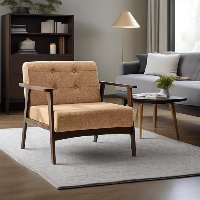 GORELAX Fabric Accent Chair Upholstered Side Lounge Armchair with Wood Frame &amp Tufted Design Mid Century Modern Chair Comfy Reading Chair for Living Room Bedroom Office (2 Beige)