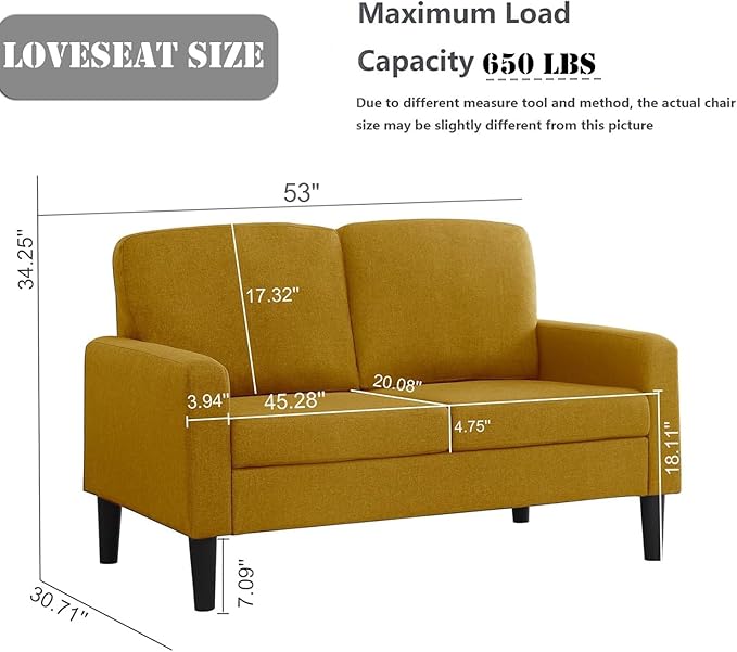 Flesser Loveseat Sofa 53 Small Couch Yellow Love Seat for Small Sapces Comfy Linen Fabric 2 Seater Couch for Bedroom Apartment Office All-Wood Couches Tool-Free