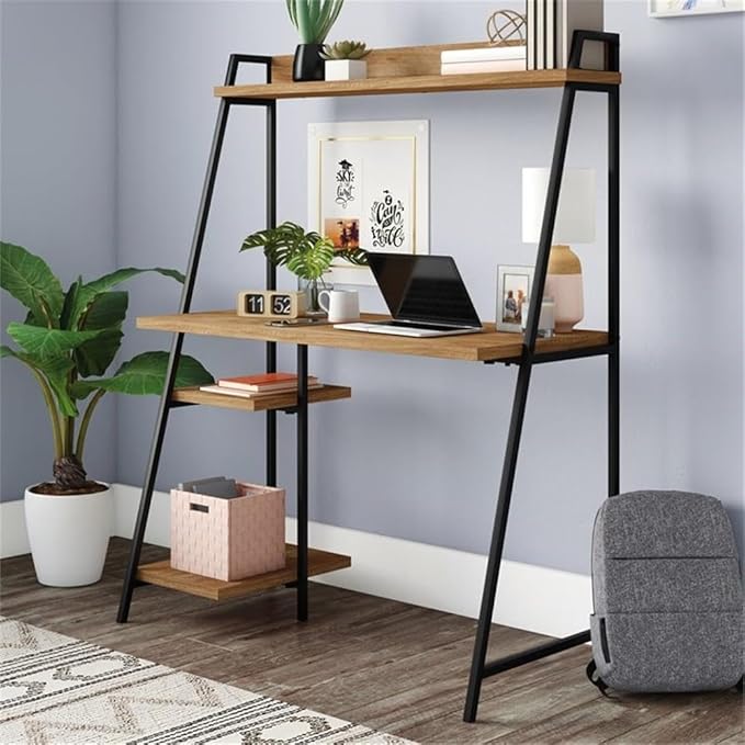 Pemberly Row Mid-Century Engineered Wood Computer Desk Sindoori Mango/Brown Finish 43 in Wide 54 in Tall Durable Metal Frame with Hutch Modern Small Office Desk for Home or Workspace