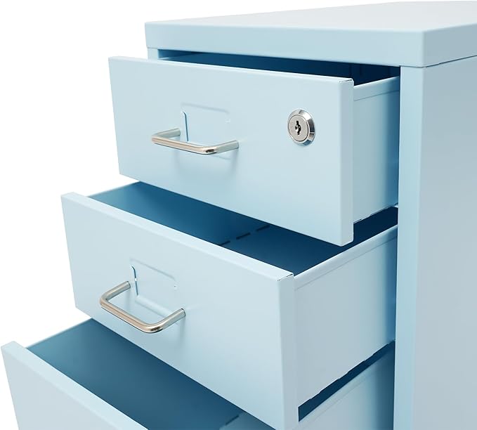 3 Drawer Vertical File Cabinet Rolling Filing Cabinets with Lock Mobile Steel Office Storage Cabinet Under Desk with Wheels for Home Office Letter Files Organization Blue