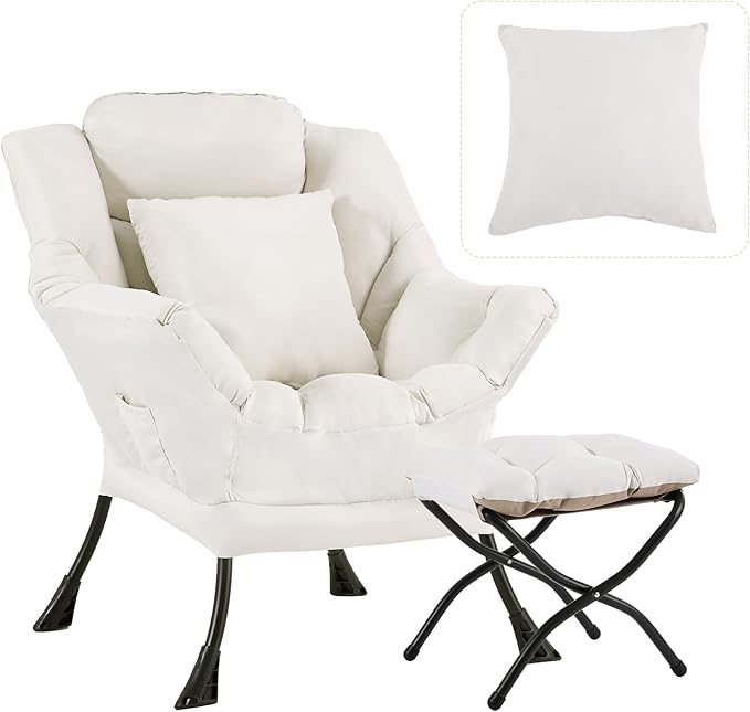 Lazy Chair with Ottoman Large Accent Chair with Ottoman and a Throw Pillow Beige Reading Chair for Living Room Bedroom Dorm Room Office Apartment Relaxing Use