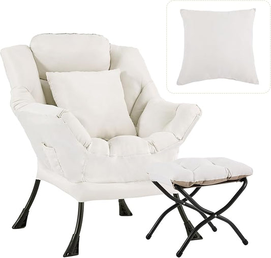 Lazy Chair with Ottoman Large Accent Chair with Ottoman and a Throw Pillow Beige Reading Chair for Living Room Bedroom Dorm Room Office Apartment Relaxing Use