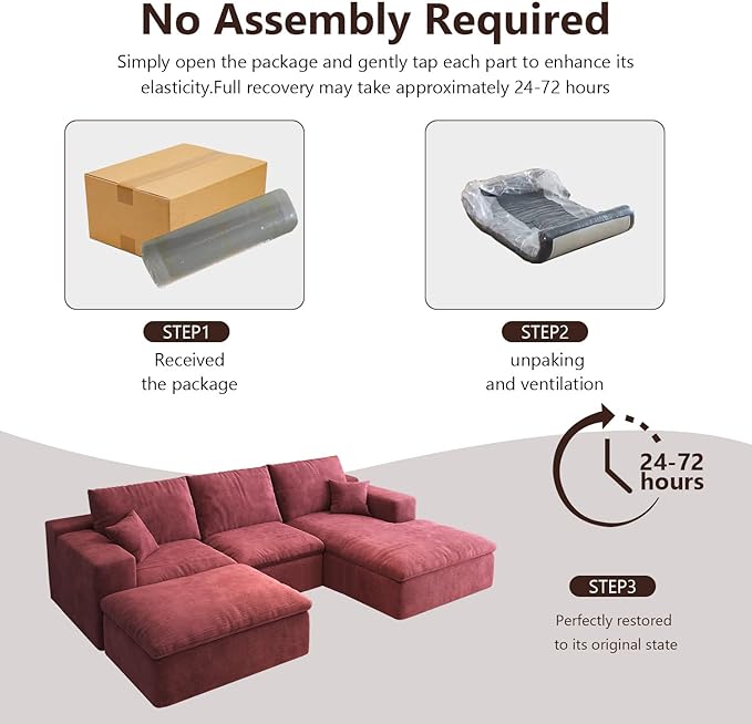 107'' U-Shaped Modern Modular Sectional Cloud Couch Whit Ottoman 4-Seat Chenille Deep-Seat Sofa with Pillow for Living Room Bedroom Apartment Wine Red