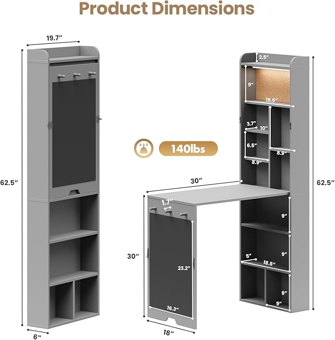 Wall Mounted Foldable Desk with LED and Corkboard Space-Saving Fold Out Convertible Writing Table with Shelves &amp Magnetic Blackboard Floating Murphy Desk Workstation for Home Office Dorm (Gray)