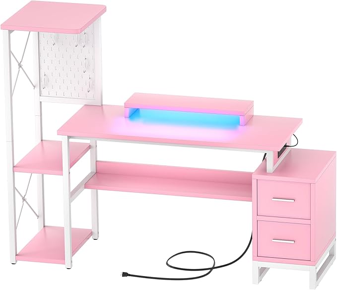 Computer Desk with 2 Fabric Drawers - Reversible Home Office Desk with Power Outlet &amp LED Lights 53 Writing Desk with Monitor Stand &amp Storage Shelves Gaming Desk Study Table with Pegboard