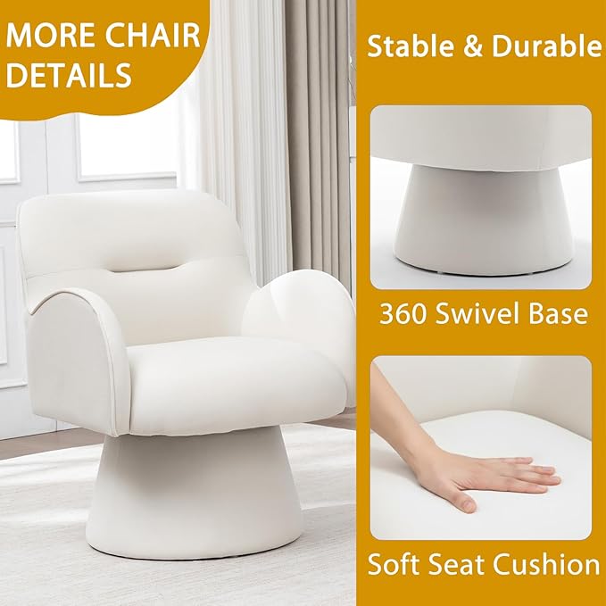 Swivel Chair with Armrest Modern Velvet Barrel Chairs with Curve Back Soft Cushion Comfy Accent Round Armchair Single Sofa for Living Room Bedroom White