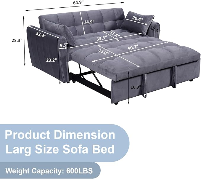 64.9 Velvet Convertible Sofa Bed 3-in-1 Sleeper Loveseat with Adjustable Backrest &amp Storage Pocket Modern Futon for Small Spaces Apartment Living Room Office (Grey)