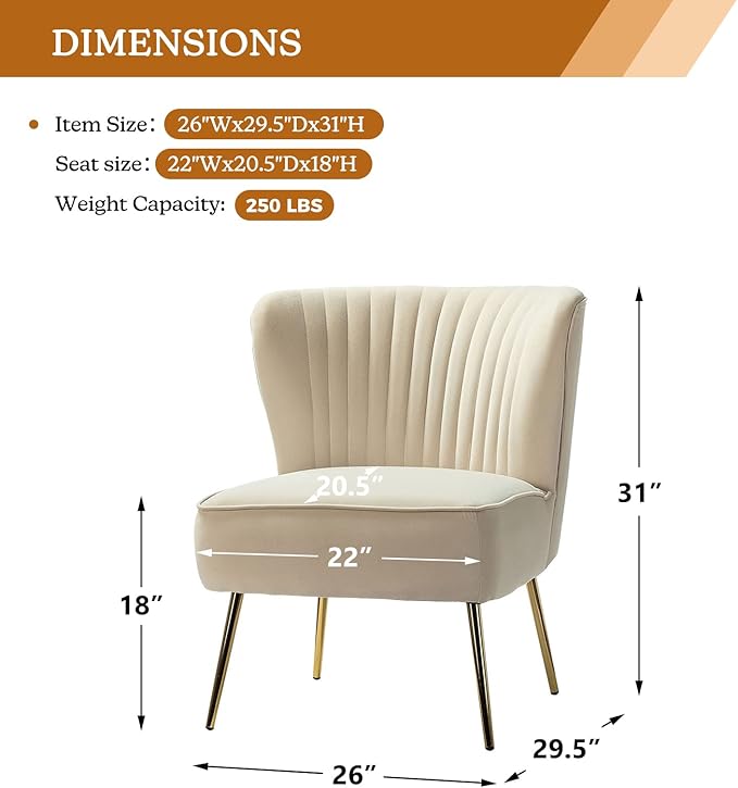 TINA'S HOME Velvet Accent Chair Set of 2 with Metal Golden Legs Upholstered Armless Slipper Chair with Wingback Mid Century Side Chair for Living Room Bedroom Vanity- Tan
