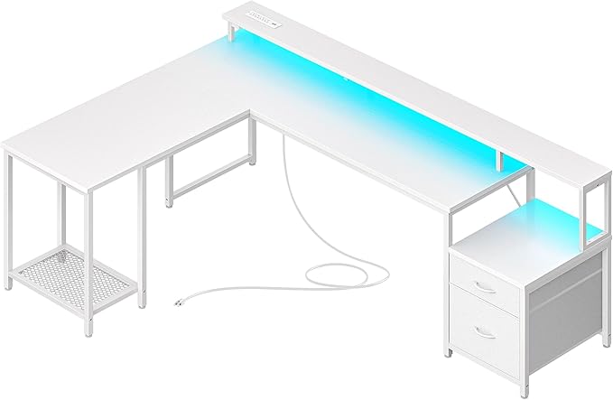 PRAISUN 66 L Shaped Gaming Desk with LED Lights &amp Power Outlets Computer Desk with Fabric Drawers and Print Stand Corner Office Desk Monitor Stand Mesh CPU Stand White