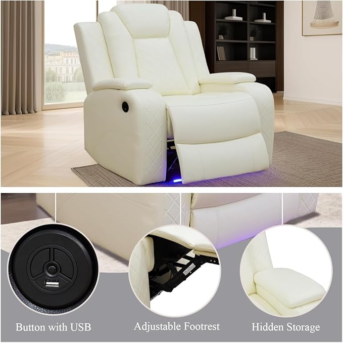 Oversized Recliner Chair Multifunction Power Leather Recliners with Home Theater Seating Oversized Single Electric Recliner Furniture for Living Room Apartment Home Theater White