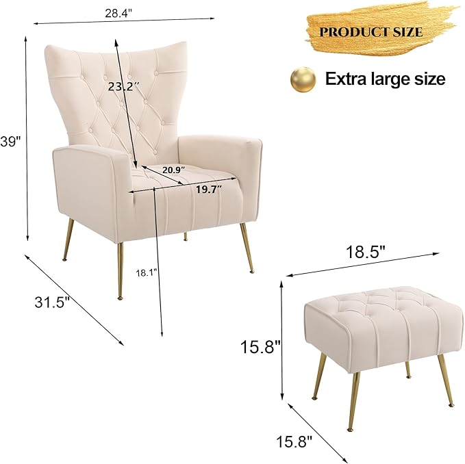 Accent Chair with Ottoman Comfy Chair and Ottoman Set Upholstered Tufted Lounge Chair with Wide Seat Footrest Reading Armchair for Living Room Bedroom BeigeVelvet