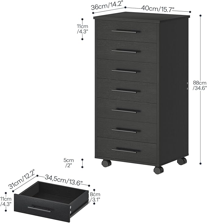 HOOBRO 7-Drawer File Cabinet Wooden Office Cabinet with Drawers Mobile Storage Cabinet for Home Office Study Easy Assembly Black BK07WJ01