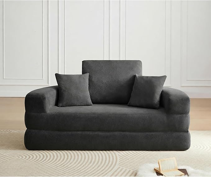 Curved Convertible Futon Sleeper Sofa Bed 70 Boneless Couch with Pull-Out Bed Chenille Foldable Floor Mattress for Living Room No Assembly Required Round Grey