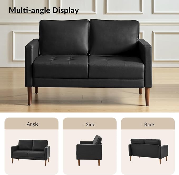 HULALA HOME Mid-Century Modern Faux Leather Loveseat Sofa with Movable Backrest Cushions Button-Tufted 2-Seater Sofa with Wooden Legs Small Love Seat Accent Couch for Living Bedroom Black