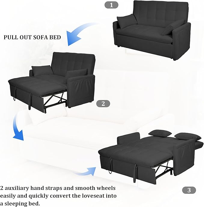 Oversized 3-in-1 Convertible Sleeper Sofa Bed Futon Couch with Pullout Bed 2-Seater Loveseat Sofa w/Pockets Adjustable Backrest and Pillows for Living Room Apartment (Gray-Button Tufted)
