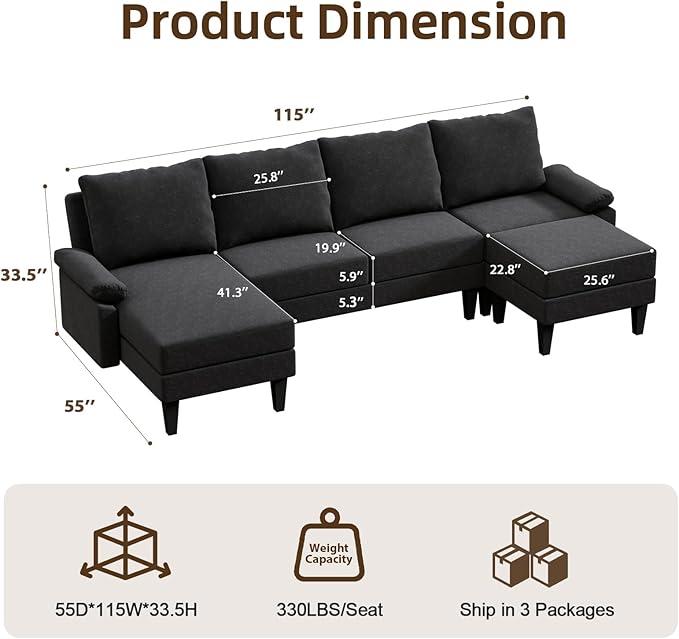 Sectional Couches for Living Room Furniture Sets 4 Seat L Shaped Couches with Ottoman Modular Sectional Sofa for Apartment Furniture Sets Linen Black
