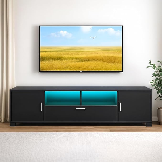 Modern Black TV Stand for TVs up to 75 Inches – LED Light Entertainment Center with Drawer &amp Cabinets Media Console with Storage Shelves for Living Room