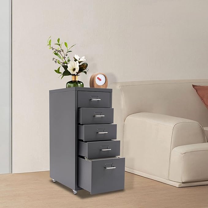 5-Drawer File Cabinet Office Filing Cabinet Stand Storage Organizer with Wheels Freestanding Rolling Storage Dresser Mutifuctional Tool Organizer for Kitchen Bedroom Living Room (Grey)