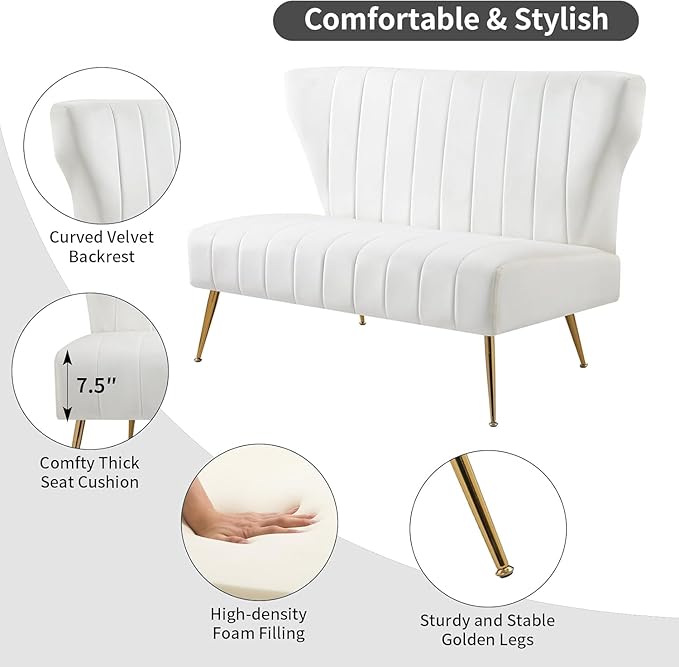 50’’ Armless Loveseat Sofa Comfy Upholstered Velet Small Couch Sofa with Gold Legs 2 Seater Tufted Modern Couch for Living Room Bedroom Apartment Small Space (White)