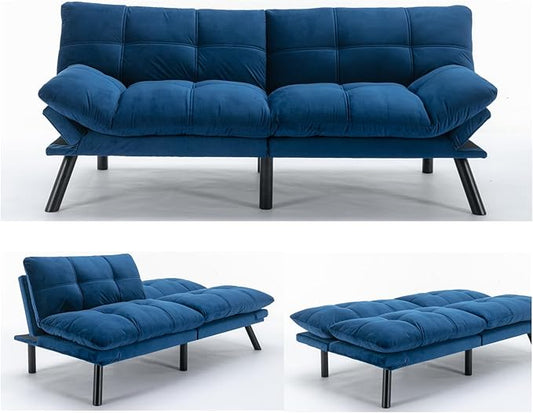 Anwick Futon Sofa Bed Velvet Convertible Futon Sleeper Couch 71 Sleeper Sofa Bed with Adjustable Backrest Modern Loveseat Couch for Compact Living Room Apartment Office (Blue)