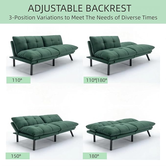 71-inch Microfiber Upholstered Futon Sofa Bed - 2 Seats Adjustable Arms/Back Iron Legs | Convertible to Sleeper for Main Living Spaces Bedrooms Offices (Emerald +2Seat)