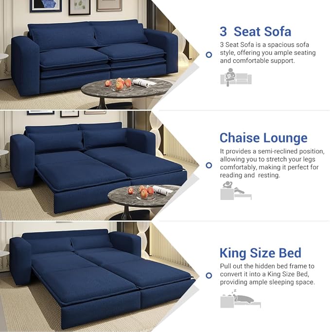 93King Size Pull Out Sofa Bed 3-in-1 Teddy Convertible Sleeper Sofa with Ultra Wide Armrests Tufted Modern Sofa with 2 Lumbar Pillows for Bedroom Living Room Apartment (Blue 93inch)