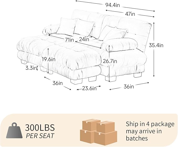 94.4 Deep Seat Modular Sofa Set Chenille Fabric Modern Sectional Love Seat Couches for Living Room Plush Cloud 2 Seater with 2 Ottomans Comfy Loveseat for Apartment or Bedroom U Shaped White