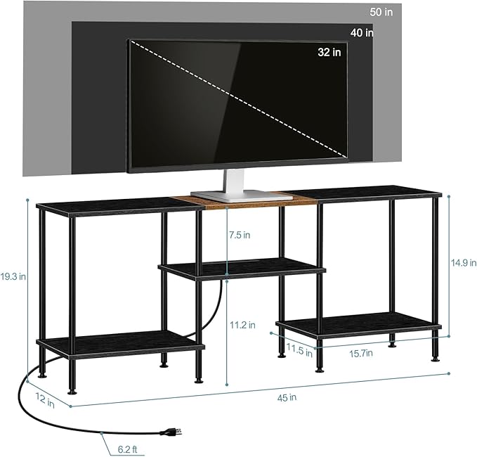 TV Stands for Living Room 50 inch TV Stand with Power Outlet Entertainment Center with Storage 3 Tier TV Console Table for 50 43 40 32 inch TV Black