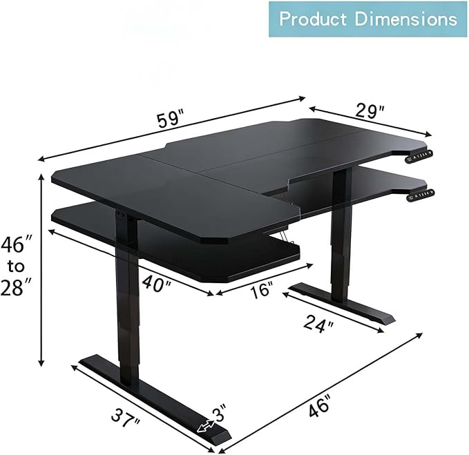 59 L-Shaped Electric Standing Desk Black Adjustable Height Seated Stand up Computer Desks for Work Office Home Ergonomic Lift-up Gaming Tables with Wheels &amp USB Charging Port (Black/59/LL)