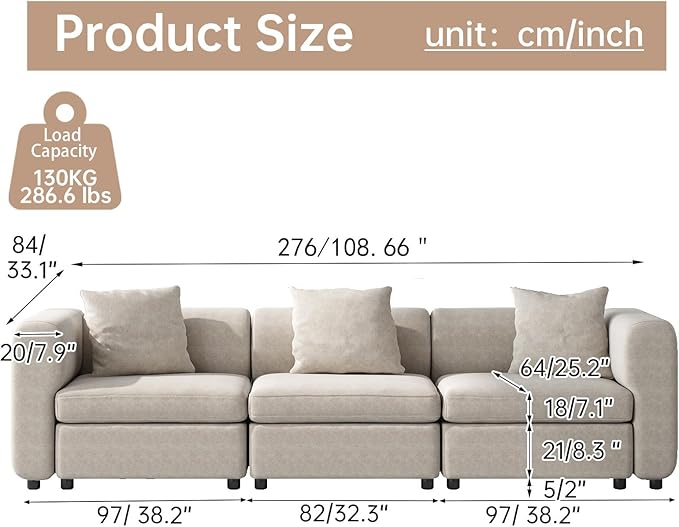 Modular Sectional 3 Seater Sofa Couch Modern Velvet with Removable and Washable Cushion Cover for Small Spaces Solid Wood Frame 108.66” Width Beige