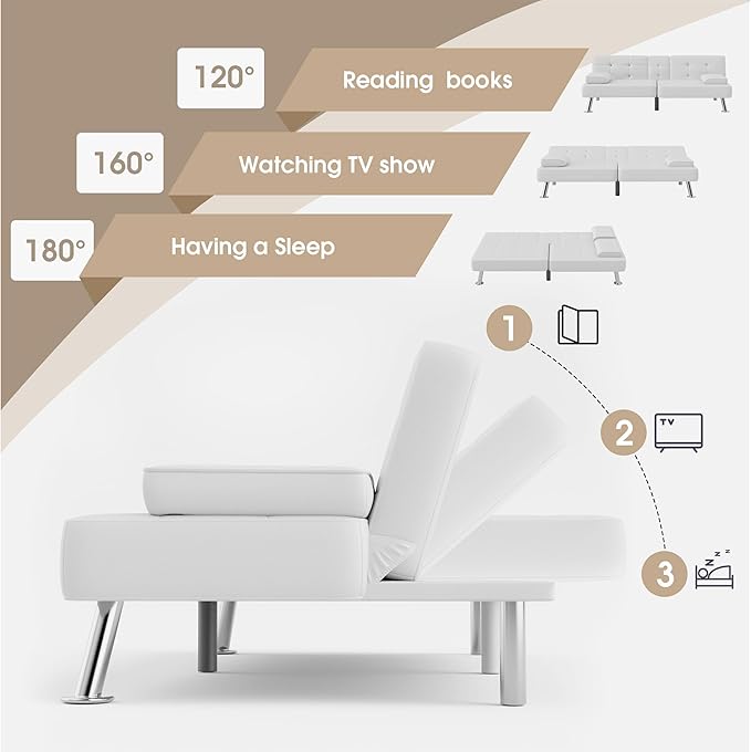 Flamaker Futon Sofa Bed Modern Folding Futon Set PU Leather Convertible Recliner Lounge for Living Room with 2 Cup Holders Removable Armrests (PU Leather White)